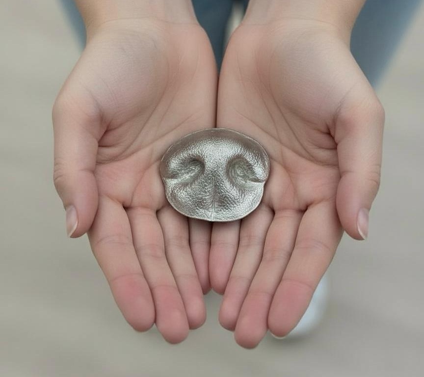 Hands gently holding a silver nose-print keepsake